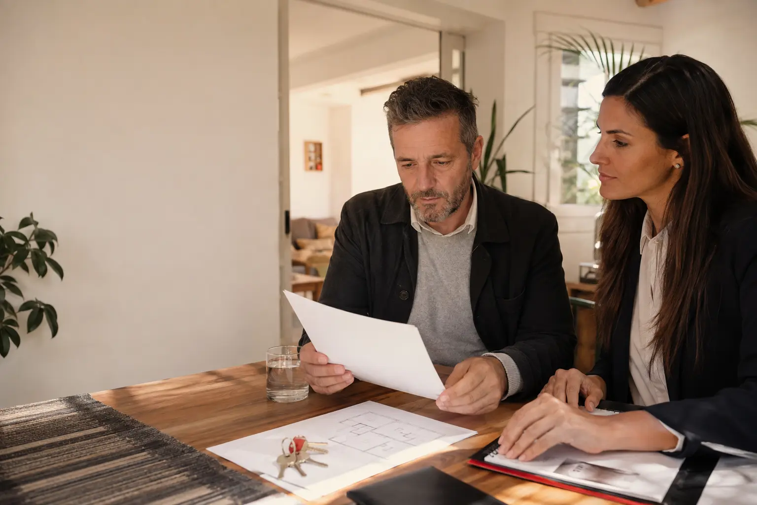 Comprador y asesora revisando una reserva inmobiliaria